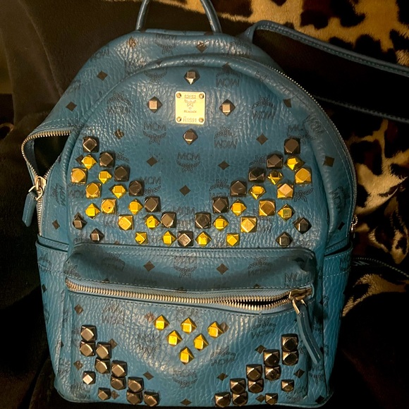 MCM Stark Teal Black Visetos Large Backpack